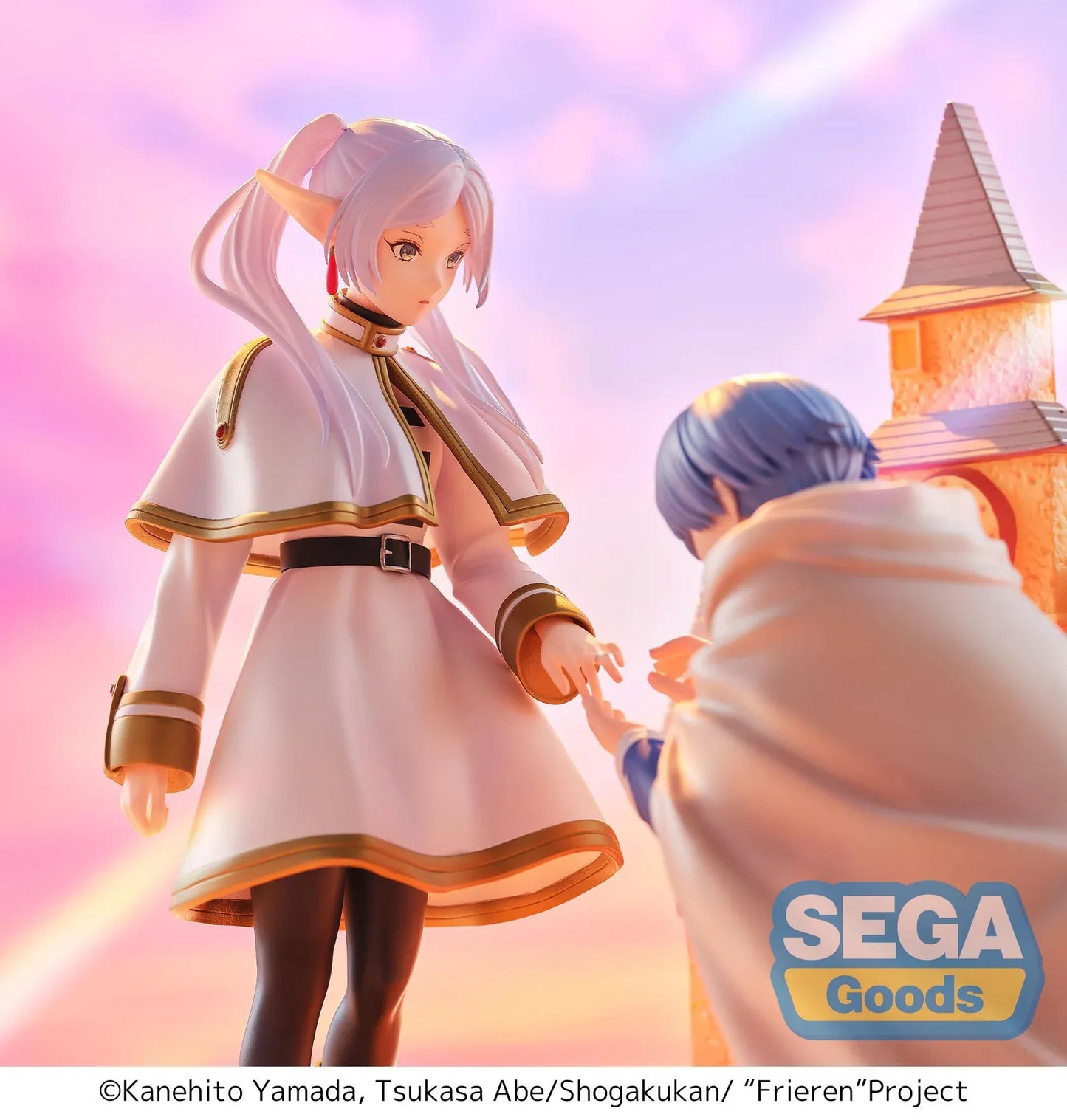 Frieren Beyond Journey's End Luminasta Frieren Eternal Love Figure with white and gold outfit and scenic building backdrop