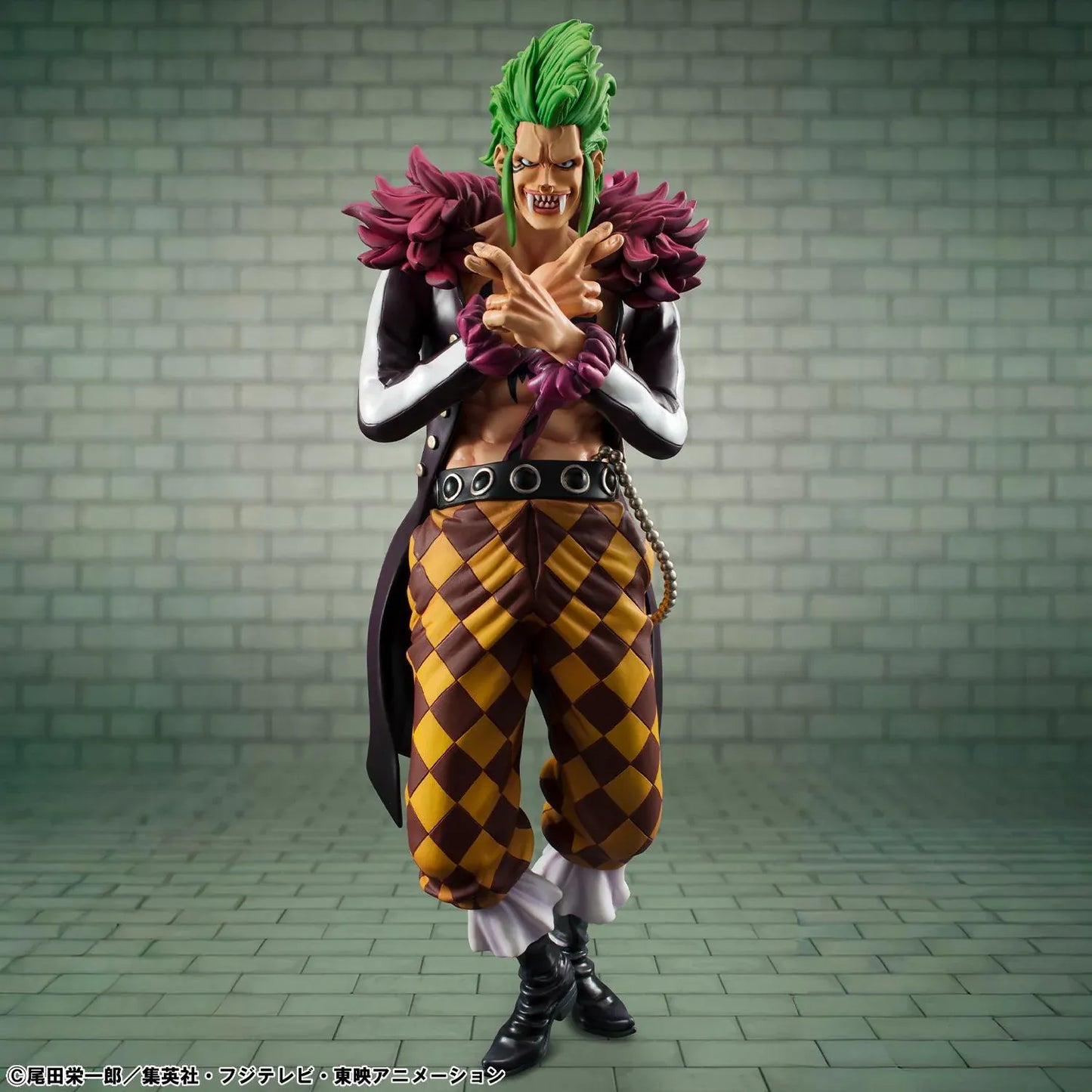 One Piece Portrait Of Pirates Limited Edition Bartolomeo the Cannibal figure with green hair, black coat, and checkered pants