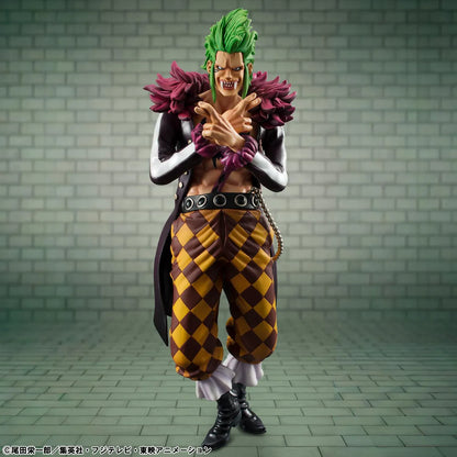 One Piece Portrait Of Pirates Limited Edition Bartolomeo the Cannibal figure with green hair, black coat, and checkered pants