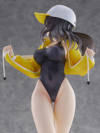 KoiKoi Sakura Kyou kara Suieibu Komon no Tama-chan Sensei 1/6 Scale Figure featuring a dark-haired anime woman with golden eyes wearing a black swimsuit, yellow athletic jacket, and white cap with a yellow brim, posing barefoot on a transparent circular base.