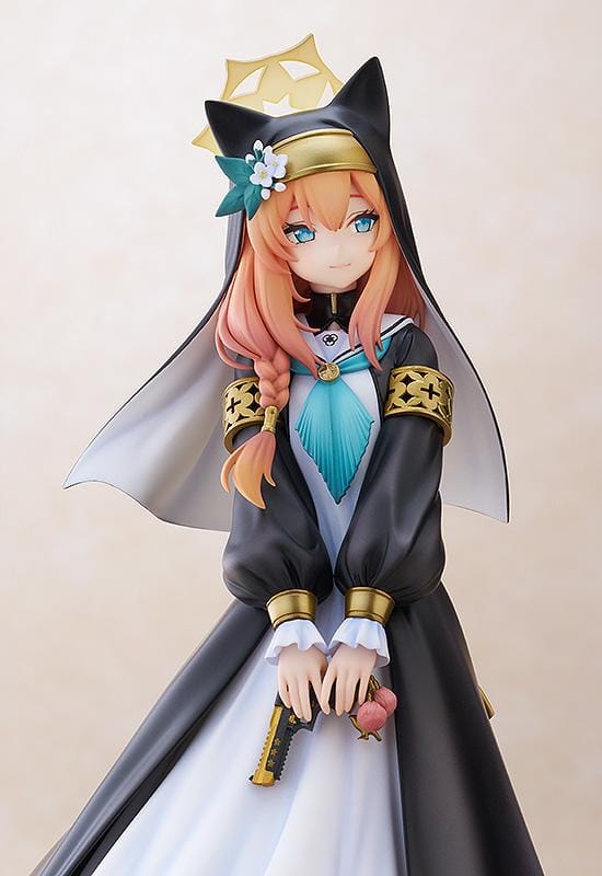 Blue Archive Mari 1/7 scale figure rerelease wearing a black-and-white nun-inspired dress with gold accents and peach-colored hair