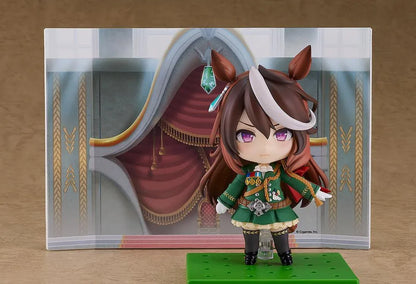 Umamusume Pretty Derby Nendoroid Symboli Rudolf Figure (Rerelease) featuring a brown-haired horse girl with a white forelock, purple eyes, green academy uniform, gold decorations, red cape, and black boots.