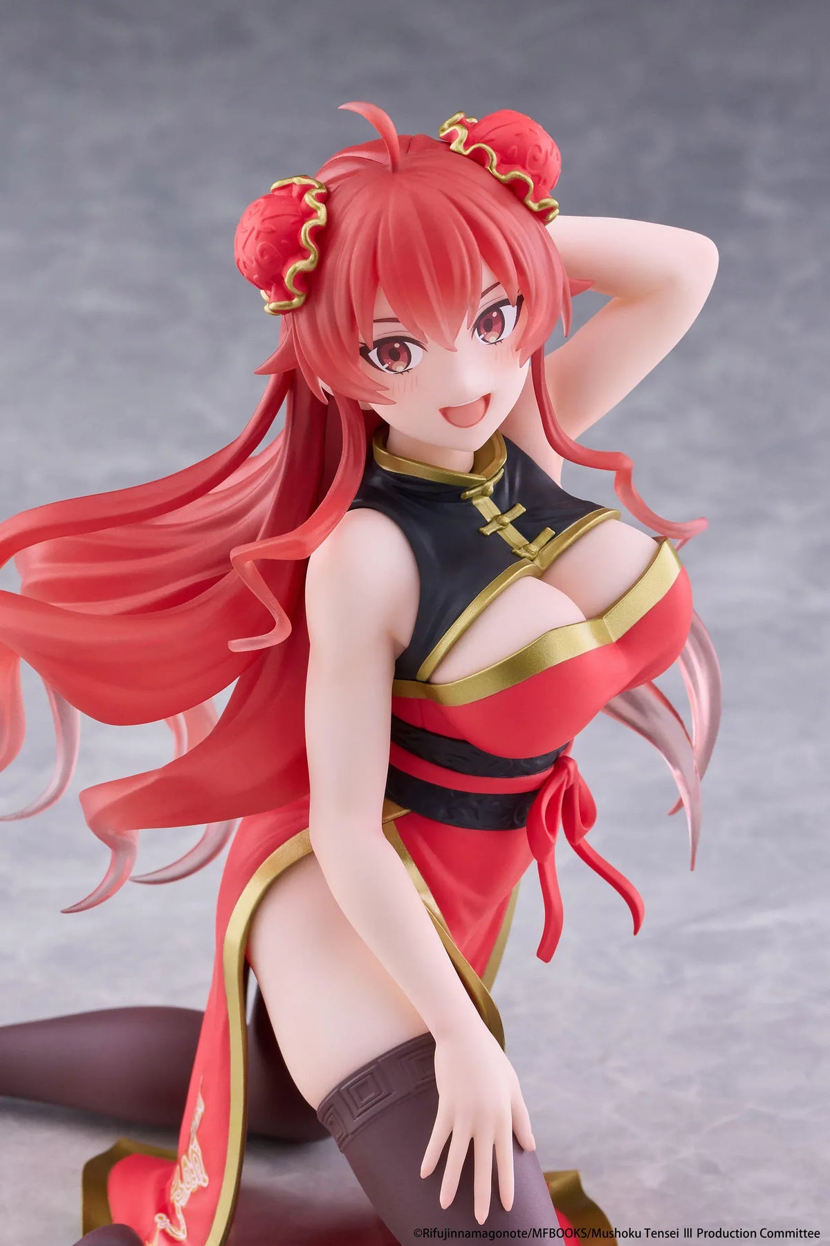 Mushoku Tensei Jobless Reincarnation Desktop Cute Eris Boreas Greyrat Chinese Dress Ver. Figure featuring long flowing red hair, red eyes, decorative twin buns, a red and black Chinese-inspired dress with gold accents, and dark thigh-high stockings in a playful kneeling pose.