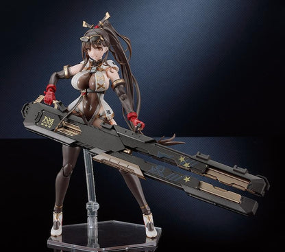 PLAMATEA MX-chan Model Kit featuring MX-chan in a black, white, and brown tactical outfit with red gloves and a large weapon case