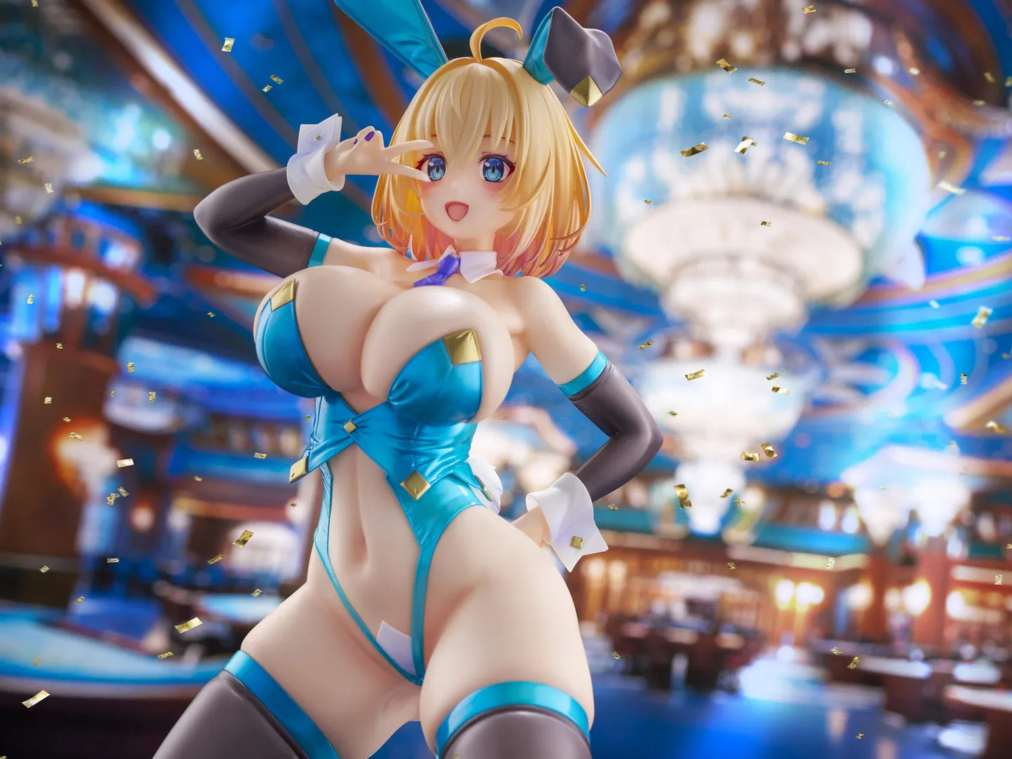 Illustration Sakura Sophia F. Shirring Blue Bunny Ver. 1/6 Scale Figure featuring Sakura Sophia in a blue bunny outfit with blonde hair, bunny ears, card details, and casino-inspired display background.