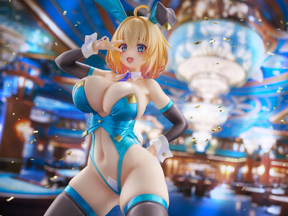 Illustration Sakura Sophia F. Shirring Blue Bunny Ver. 1/6 Scale Figure featuring Sakura Sophia in a blue bunny outfit with blonde hair, bunny ears, card details, and casino-inspired display background.