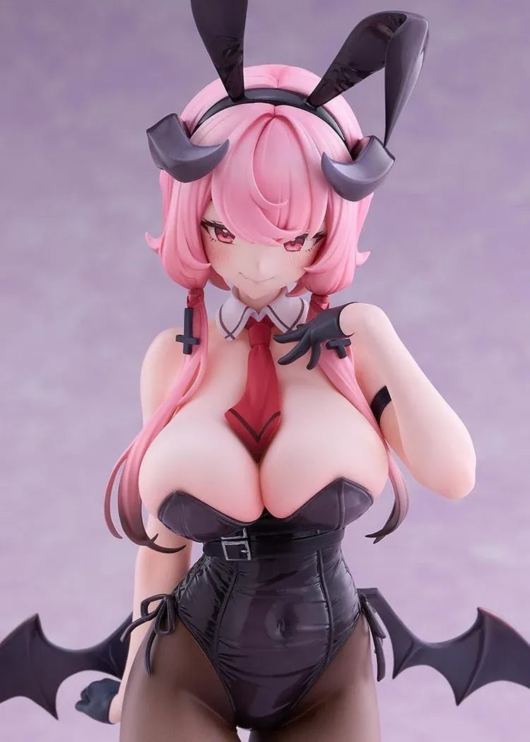 Stella Sora Bernina Bunny Ver. 1/7 Scale Figure featuring a pink-haired anime girl with reddish-pink eyes wearing a black corset-style bunny outfit, tall bunny ears, sheer tights, red heels, and bat-like wings on a purple display base.