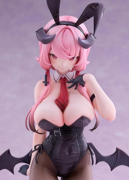 Stella Sora Bernina Bunny Ver. 1/7 Scale Figure featuring a pink-haired anime girl with reddish-pink eyes wearing a black corset-style bunny outfit, tall bunny ears, sheer tights, red heels, and bat-like wings on a purple display base.