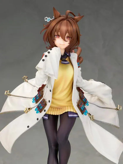 Agnes Tachyon 1/7 scale figure wearing an oversized white laboratory coat, yellow sweater, and dark tights on a decorative base.