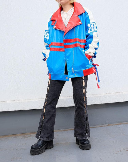 Umamusume Pretty Derby Tamamo Cross blue and red faux leather biker jacket with lightning bolt design and kanji symbols