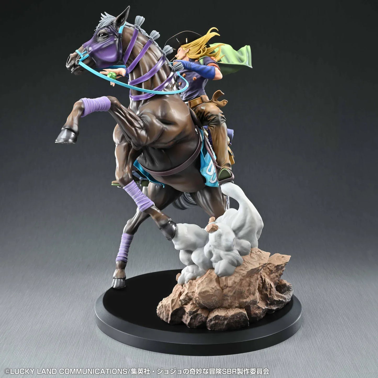 STEEL BALL RUN JoJo's Bizarre Adventure Gyro Zeppeli and Valkyrie figure featuring Gyro riding Valkyrie in a dynamic action pose with rocky effect base