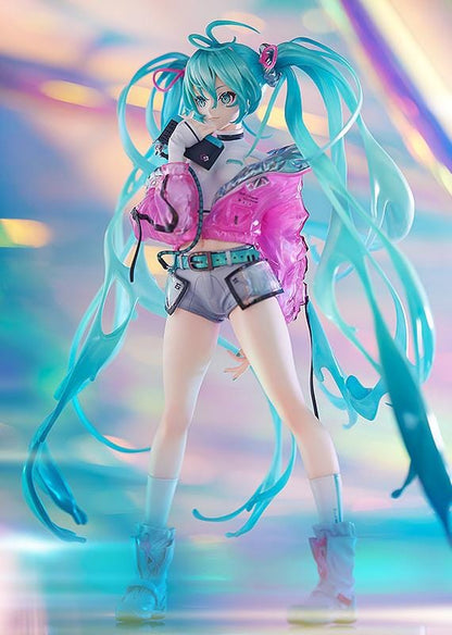 Hatsune Miku with SOLWA 1/7 Scale Figure Rerelease featuring Miku with teal twin tails, metallic pink jacket, silver outfit details, and a colorful display base.