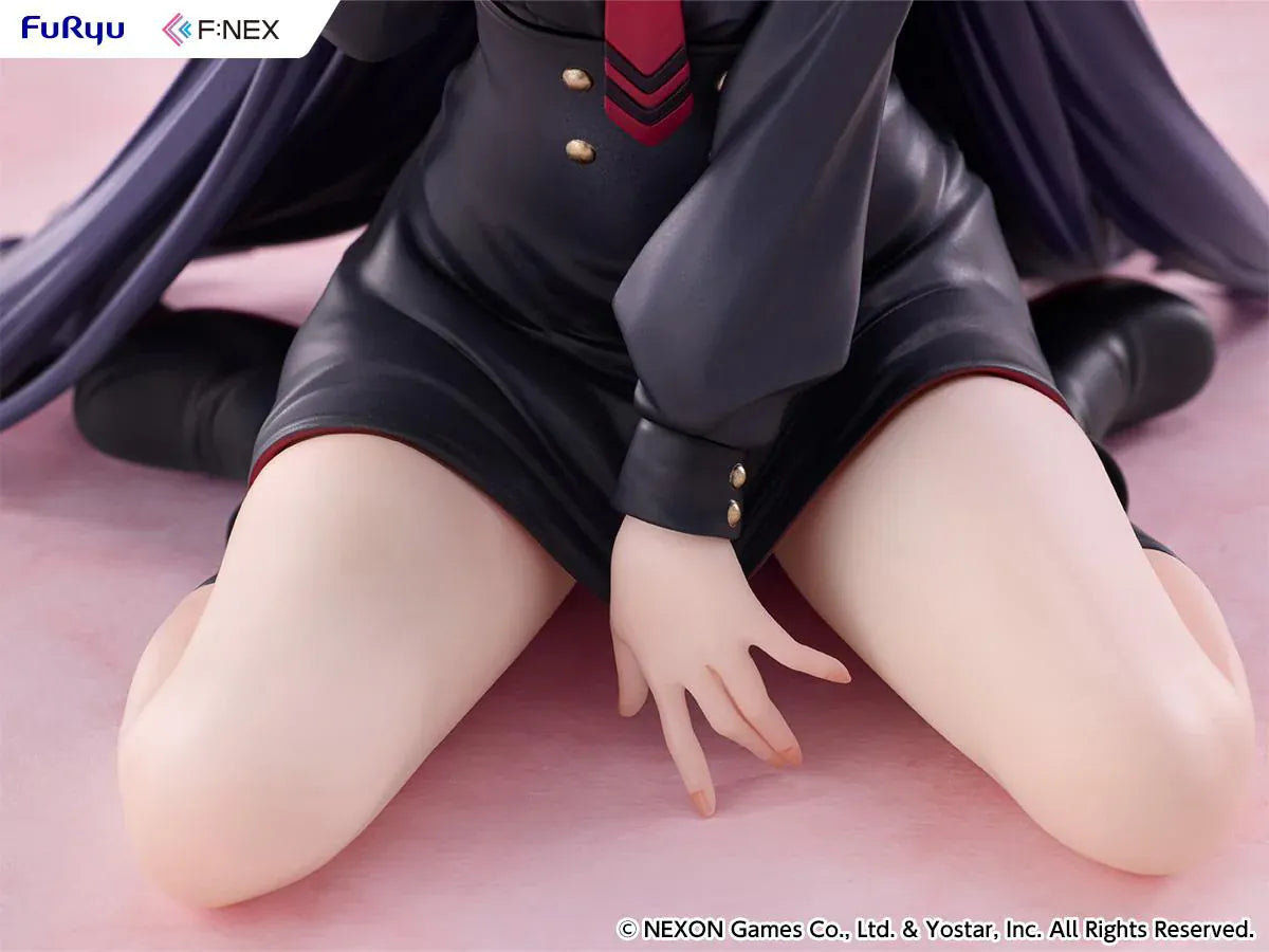 Blue Archive Chiaki Memorial Lobby Ver. 1/7 Scale Figure seated with dark outfit, horn details, pink halo, and camera accessory