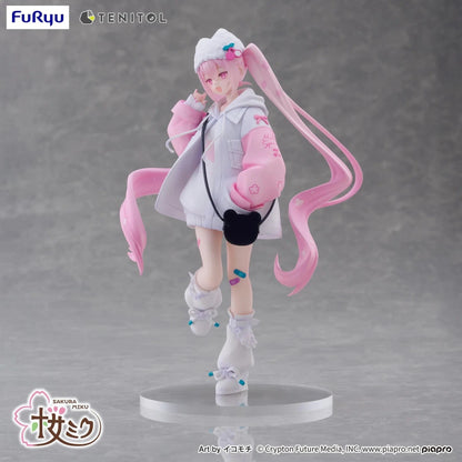Vocaloid Tenitol Petit Sakura Miku Cool Style Figure featuring Sakura Miku in a pink and white hoodie outfit with twin-tails and a cat-shaped bag