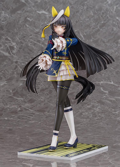 Scale figure of Uma Musume: Pretty Derby’s Calstone Light O in a blue and yellow racing outfit, long black hair flowing as she poses confidently on a striped base.