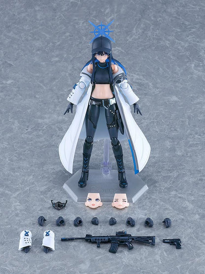Blue Archive figma Saori Joumae figure featuring Saori in a tactical black outfit, white coat, cap, face mask, and weapon accessory