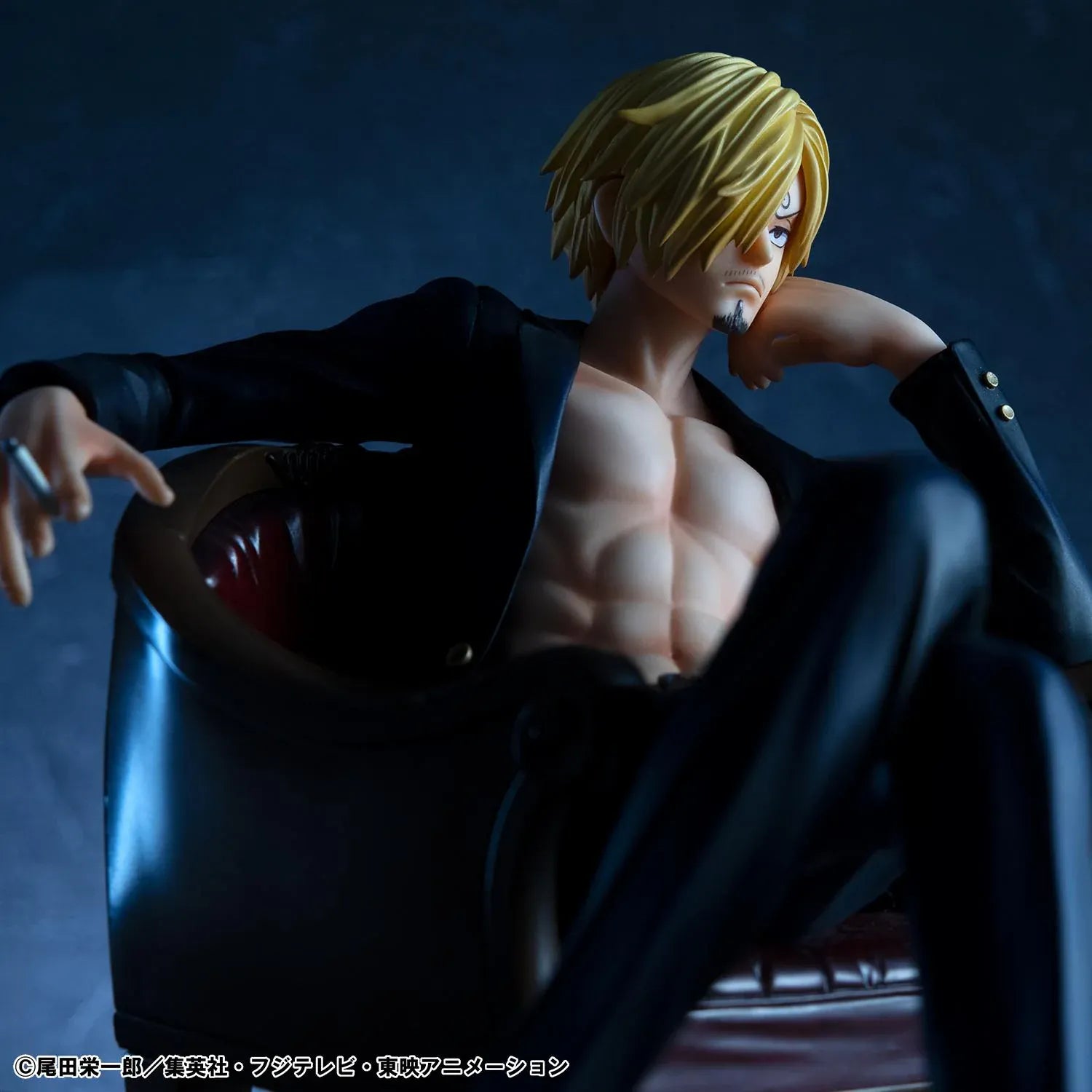 One Piece Portrait of Pirates S.O.C. Sanji Ver.R Figure seated in a chair with black suit, blonde hair, cigarette accessory, and relaxed pose