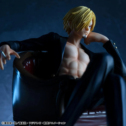 One Piece Portrait of Pirates S.O.C. Sanji Ver.R Figure seated in a chair with black suit, blonde hair, cigarette accessory, and relaxed pose