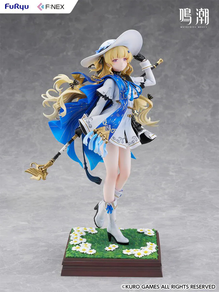 Wuthering Waves Phoebe 1/7 scale figure by FuRyu F:NEX featuring blue and white outfit with staff on floral garden base