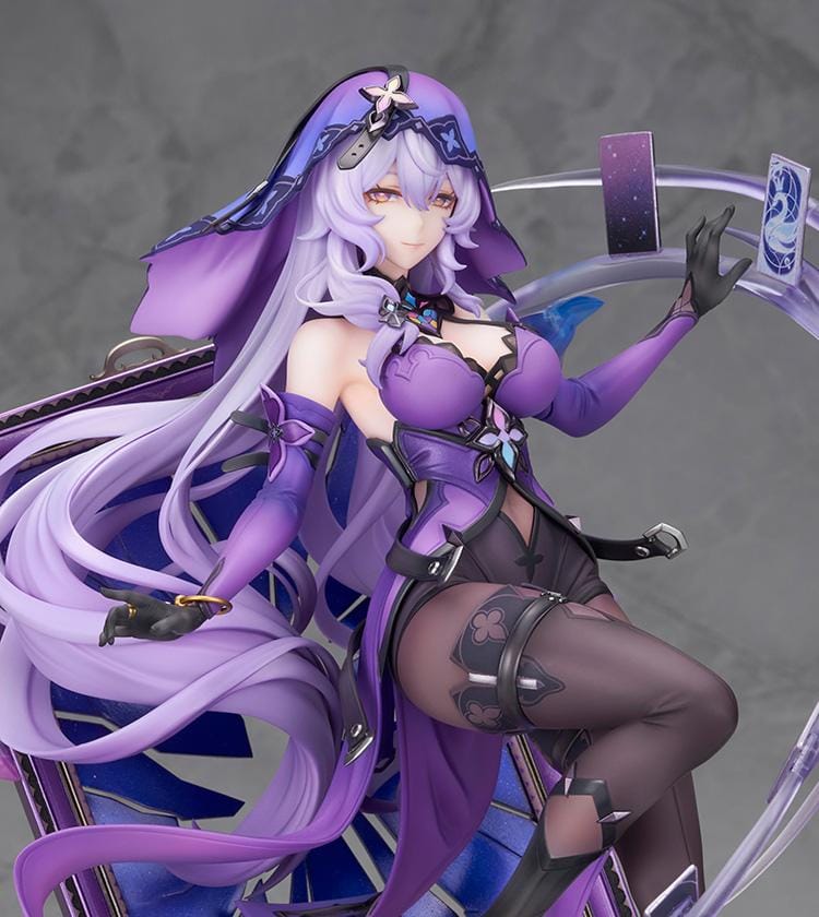 Honkai Star Rail Black Swan 1/7 Scale Figure featuring Black Swan with flowing lavender hair, purple outfit, tarot-inspired effects, and crystal-style display base.