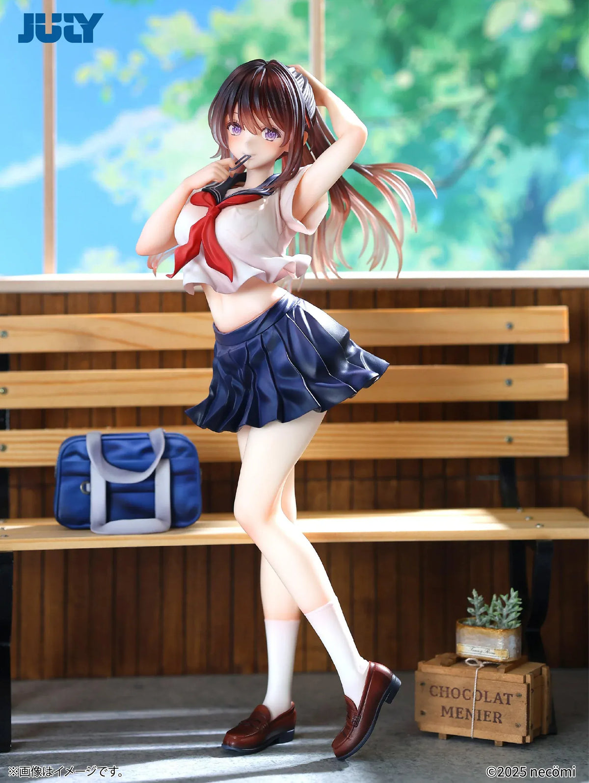 Summer Girl 1/6 Scale Figure featuring a brown-haired anime girl with purple eyes, a white sailor-style top, red necktie, navy-blue pleated skirt, and blue school bag.