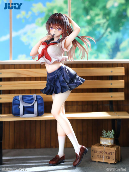 Summer Girl 1/6 Scale Figure featuring a brown-haired anime girl with purple eyes, a white sailor-style top, red necktie, navy-blue pleated skirt, and blue school bag.
