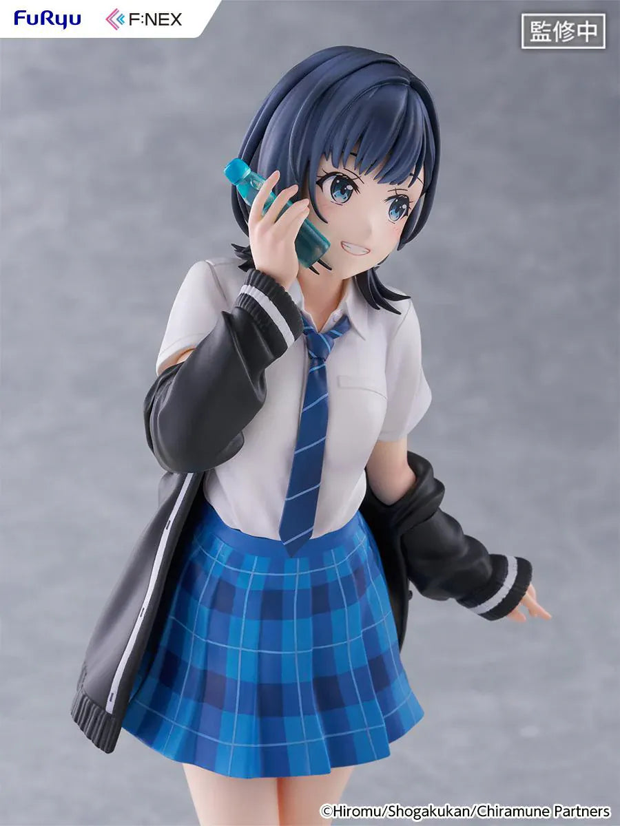 Chitose Is in the Ramune Bottle Yuzuki Nanase 1/7 Scale Figure with short dark hair, blue plaid skirt, school uniform outfit, drink bottle accessory, and display base