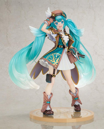 1/7 scale Hatsune Miku 100th Adventure Ver. figure in teal traveler outfit with long twin-tails and compass-style base