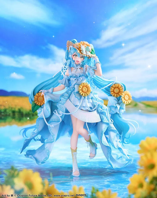 Vocaloid Hatsune Miku Magical Mirai 2026 Ver. 1/7 scale figure wearing a flowing blue dress decorated with sunflowers and elegant ribbons