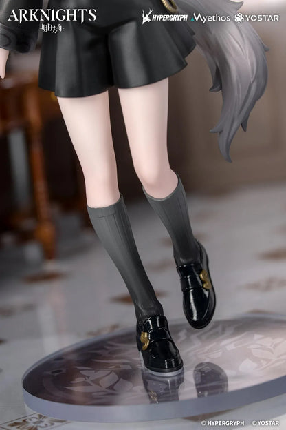 Arknights Rhodes Kids Series Lappland figure wearing a black-and-white uniform and holding a small wolf companion.