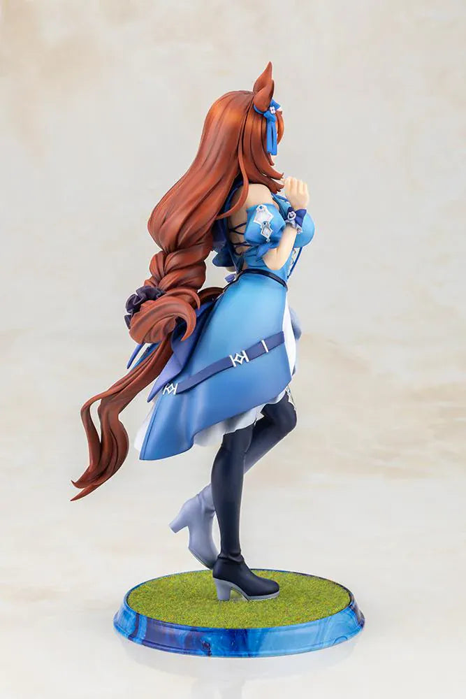 Uma Musume Pretty Derby Super Creek 1/7 Scale Figure featuring Super Creek in a blue-and-white outfit with red hair, horse ears, tail, and a cheerful pose on a themed base.