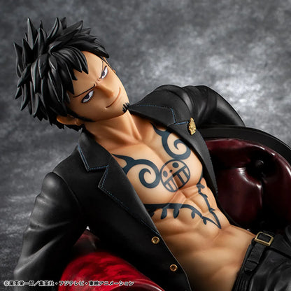 One Piece Portrait Of Pirates S.O.C. Trafalgar Law Ver. R Figure wearing a black suit and sitting in a red armchair