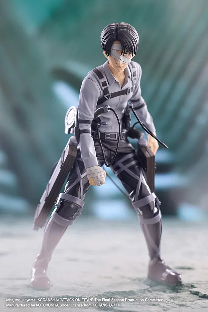 Levi Ackerman The Final Season Ver. Oshi Works figure with facial and hand bandages, a gray shirt, black harness and equipment, on a black base.