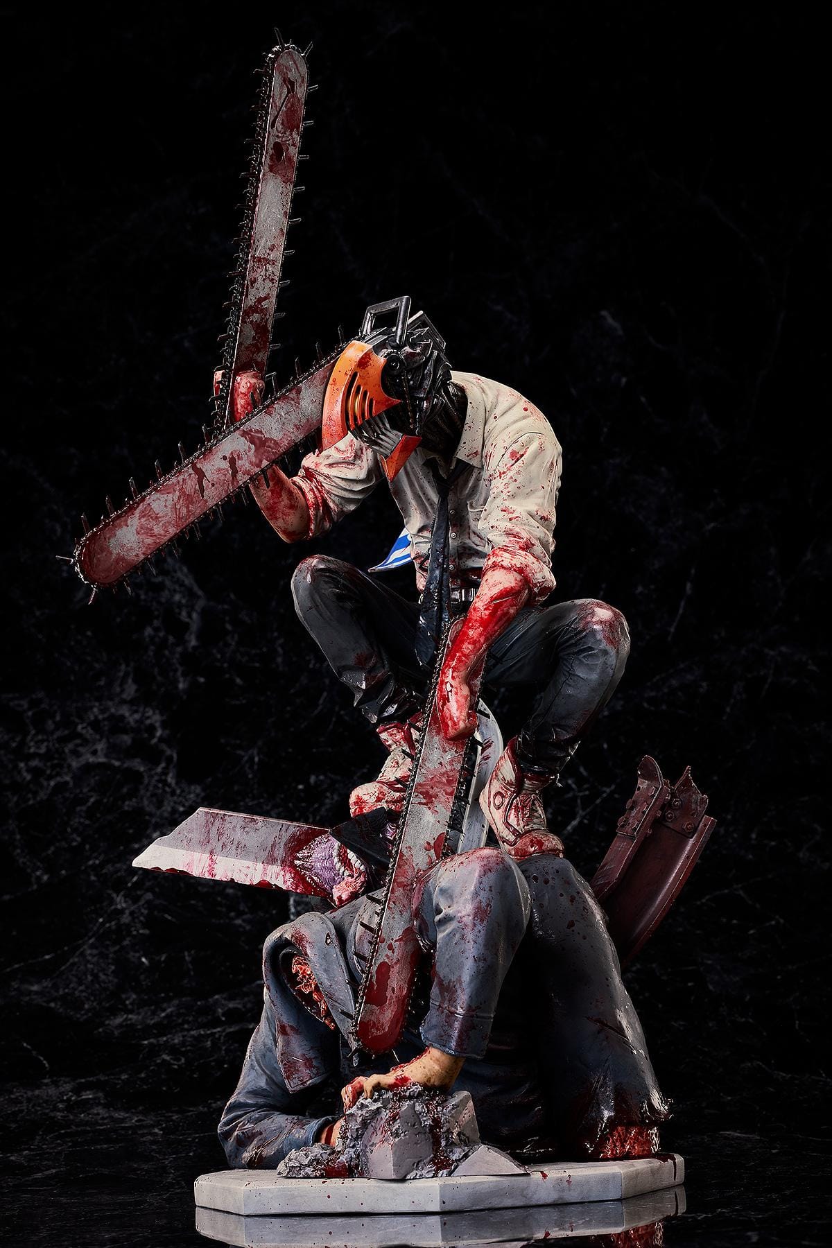 Chainsaw Man Takayuki Takeya Ver. 1/6 Scale Figure dynamic battle scene with Denji holding dual chainsaws over defeated enemy