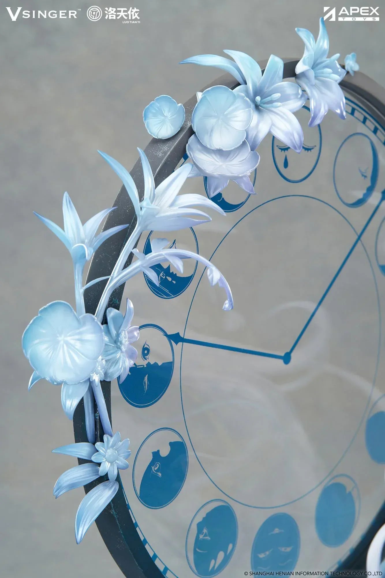 Vsinger Luo Tianyi 12th Anniversary 1/7 scale figure featuring flowing twin tails, layered blue and white dress, and ornate circular backdrop