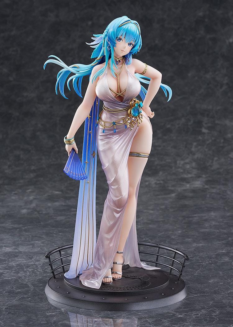 Goddess of Victory: Nikke Helm Chandelier 1/7 scale figure in shimmering pale dress with blue hair, gold accessories, and fan on ship-like base