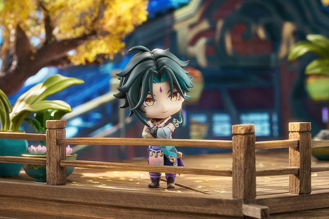 Genshin Impact Nendoroid Xiao chibi figure with teal hair holding polearm weapon