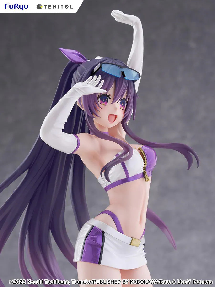 Date A Live V Tenitol Tall Tohka Yatogami Race Queen Ver. Figure featuring Tohka with long purple hair, white-and-purple race queen outfit, sunglasses, and matching boots.