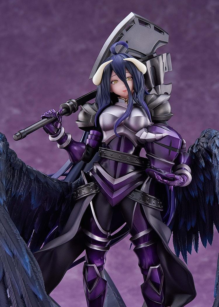 Albedo Hermes Trismegistus Ver. 1/7 scale figure in purple and silver armor, with dark feathered wings, a large black weapon, and a purple crystal base.