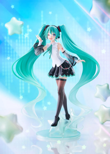 Vocaloid T-Most Hatsune Miku NT Ver. Figure featuring Miku with long teal twin tails, headphones, black-and-white outfit, wink expression, peace-sign pose, and star-themed base.