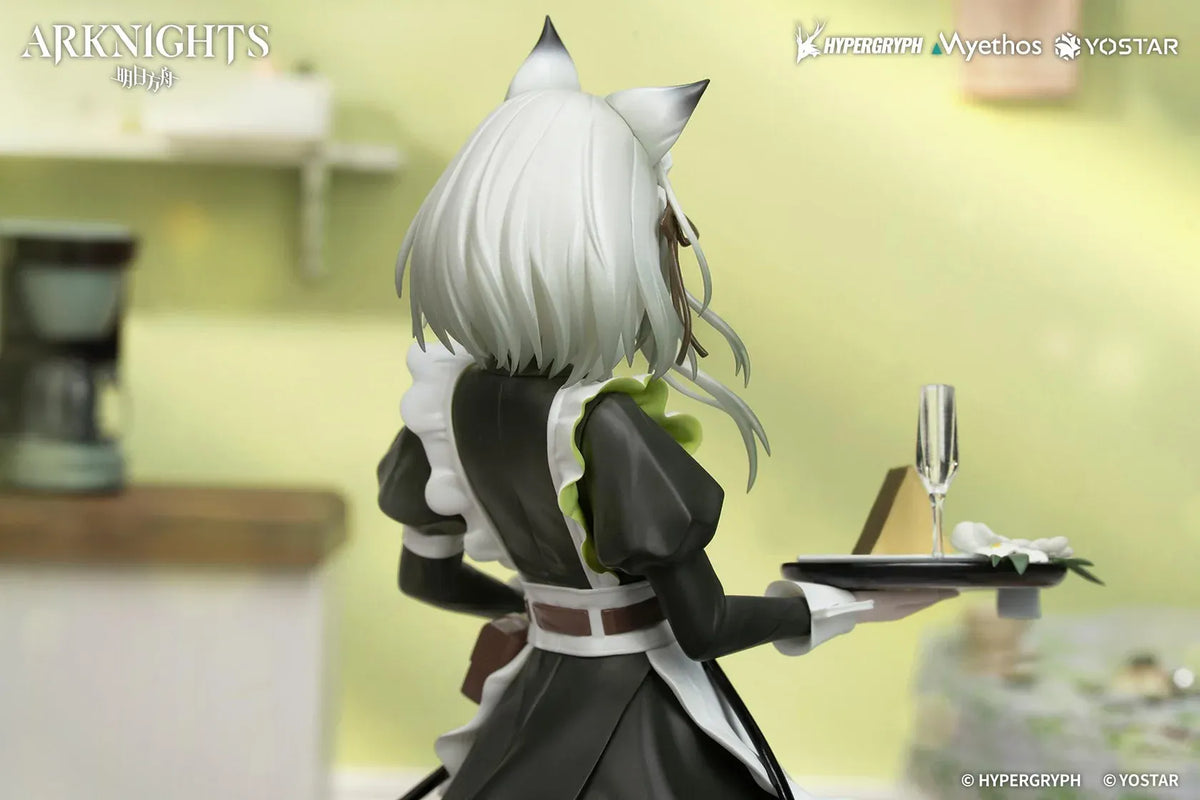 Kal'tsit The Remains of Time Ver. figure wearing a flowing black and white maid dress and holding a serving tray on a translucent green base.