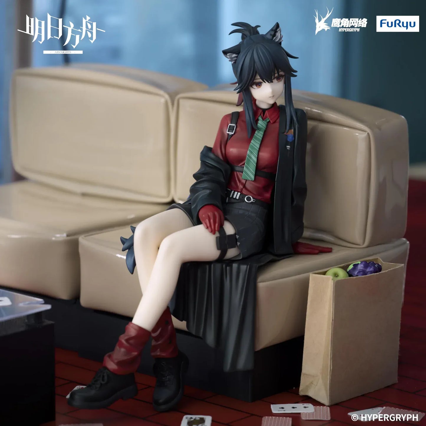 Arknights Texas Will Ver Noodle Stopper Figure featuring Texas seated in a red shirt, green tie, black skirt, oversized jacket, and red boots