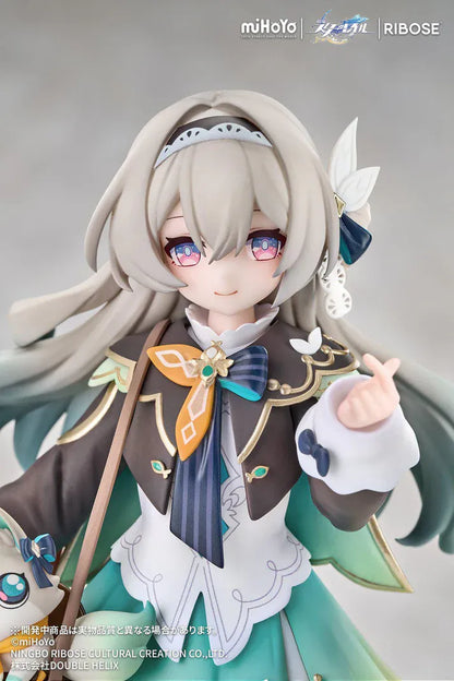 Honkai Star Rail Rise Up+ Chibi Cat Series Firefly Figure featuring Firefly in a cute chibi-style outfit with cat-themed display accents, colorful backdrop, and themed base.