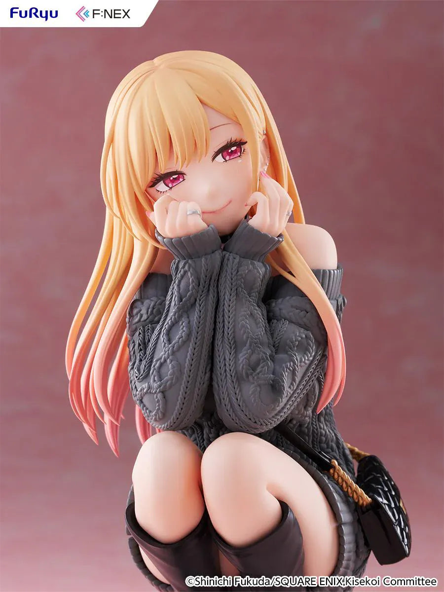 My Dress-Up Darling Kitagawa Marin knit ver. 1/6 Scale Figure featuring Marin with long blonde hair, gray oversized sweater, black boots, quilted bag, and crouching pose.