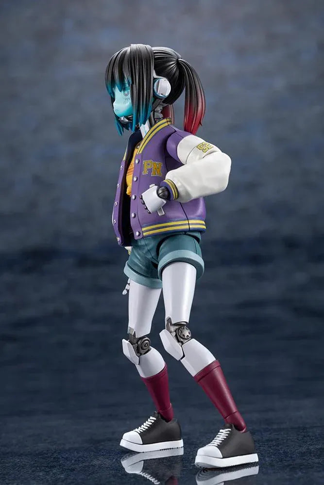 Milky Subway The Galactic Limited Express Makina Model Kit Figure featuring a robotic anime girl with black twin-tail hair, a blue-tinted face, a purple varsity jacket with white sleeves, denim shorts, mechanical arms and legs, burgundy socks, and black-and-white sneakers.
