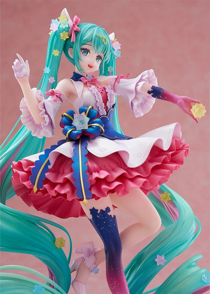 Hatsune Miku Rosuuri Ver. 1/7 scale figure with swirling turquoise twin tails, colorful stars, a pink and white ruffled dress, and a blue bow.