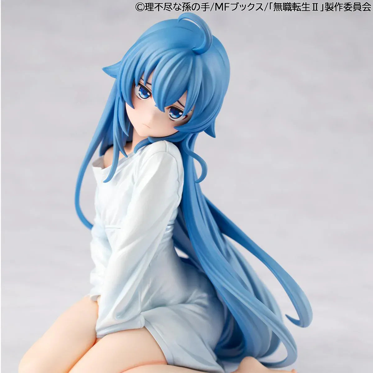 Mushoku Tensei Melty Princess Roxy Migurdia Peeping Ver. figure kneeling in oversized white shirt with long blue hair.