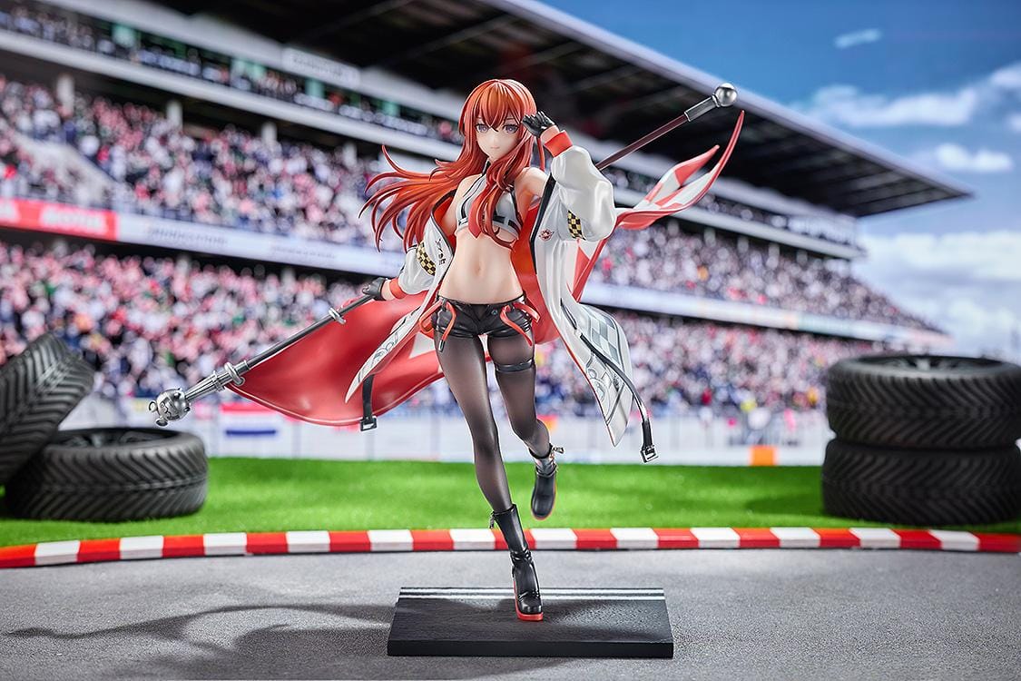 STEINS;GATE Kurisu Makise Racing Ver. 1/7 scale figure with flowing red hair, a white racing jacket, and a red flag on a road-style base.