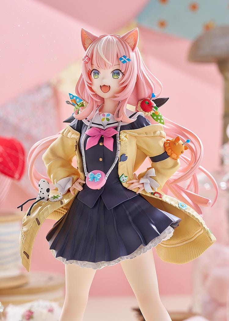 Nijisanji Yang Nari 1/7 scale figure with pink hair, cat ears, school uniform, and yellow coat standing in energetic pose