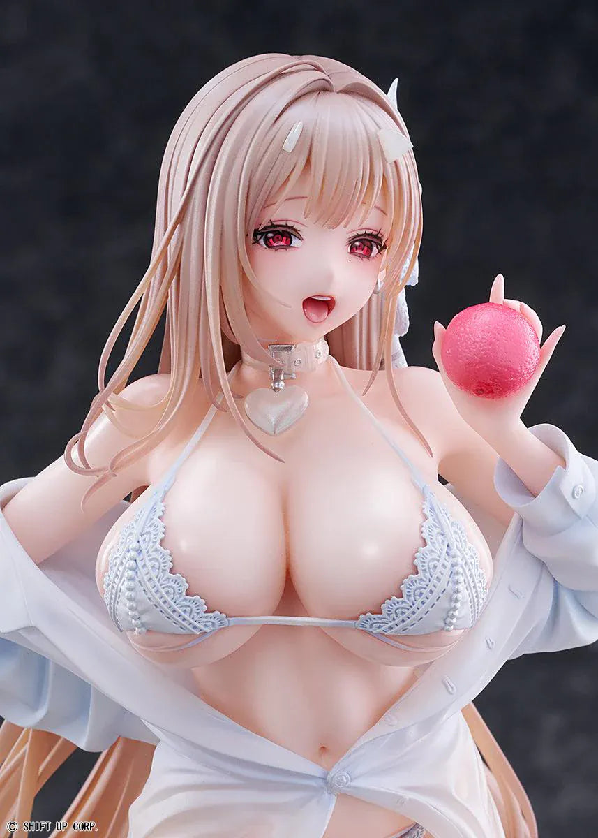 GODDESS OF VICTORY NIKKE Viper Shine of Love 1/7 Scale Figure with long hair, white beachwear-inspired outfit, apple accessory, and beach display base